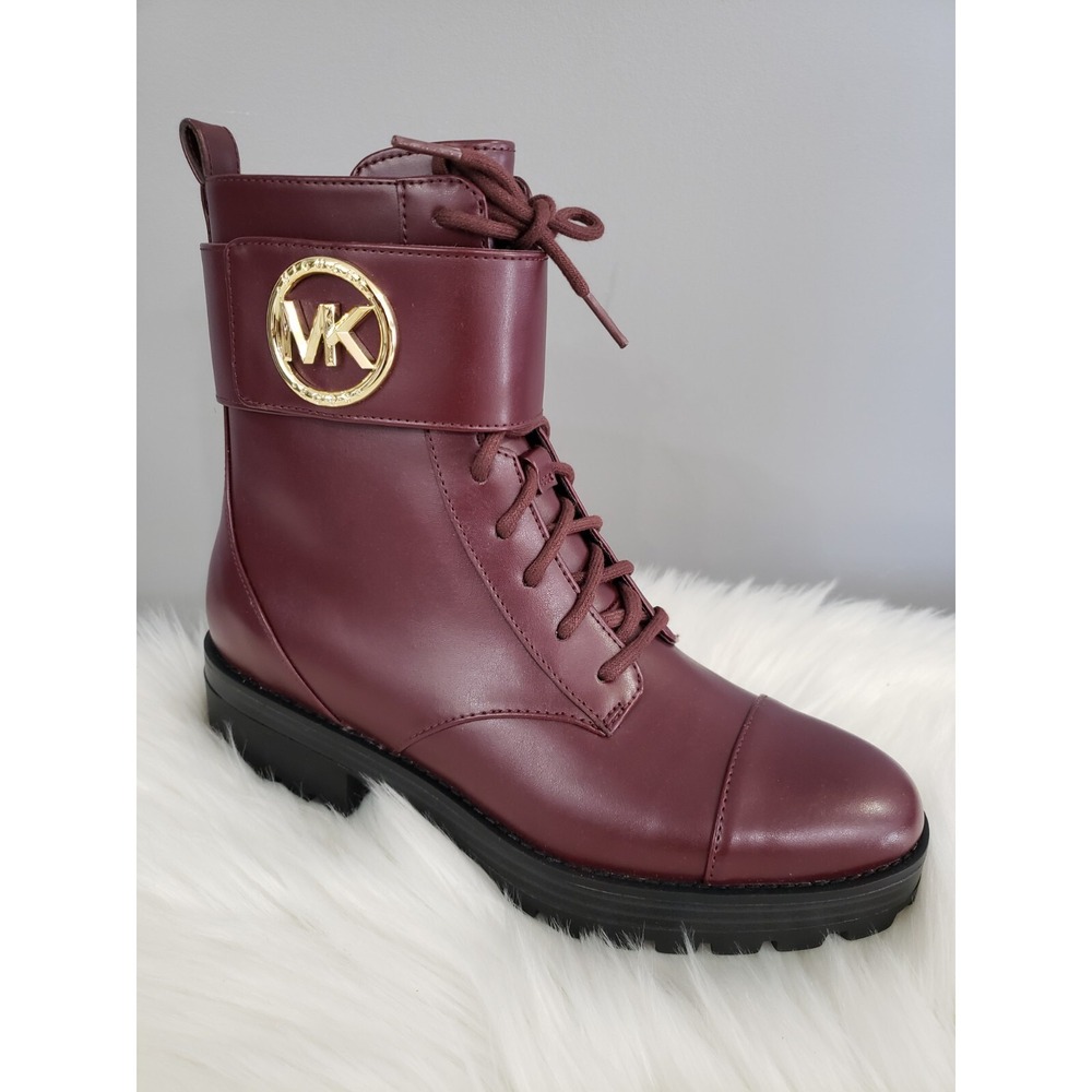 NEW Size 7 Michael Kors Tatum Maroon Combat Lace‎ Up Logo plum Boots Burgundy - Picture 6 of 8